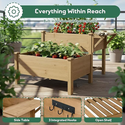 PetsCosset Raised Garden Bed, Outdoor Wood Elevated Planter Box, FirWood Garden Beds with Storage Shelf, Protective Liner, Table Ledge,for Vegetable, Herb, and Flower Cultivation (2 Storey)