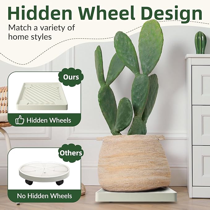 2PCS Square Plant Caddy with Hidden Wheels, Heavy Duty Rolling Plant Stand Caddy with Wheels, Pot Base for Indoor Outdoor, Beige, 11 inches