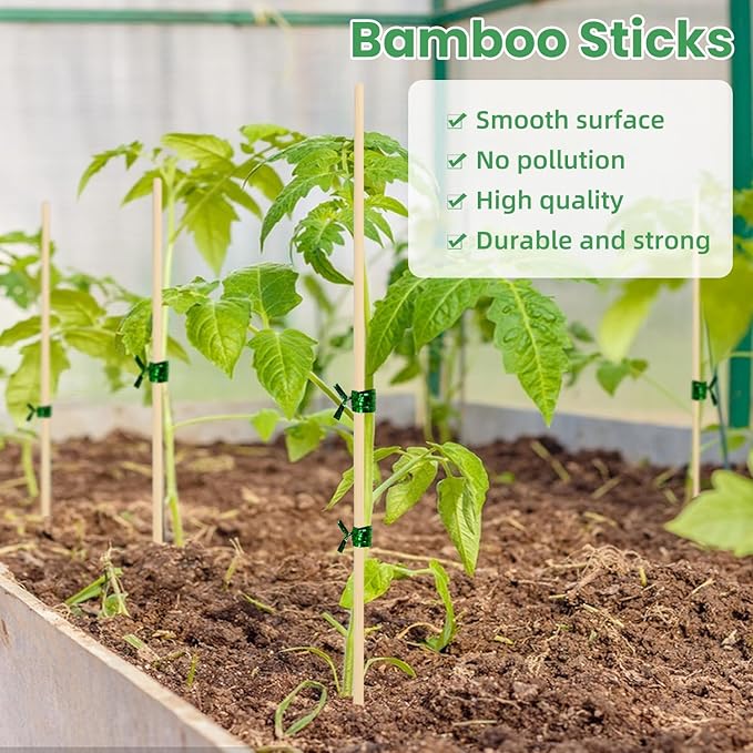 Bamboo Plant Stakes, 100 Pack 16" Sturdy Flower Sticks with Garden Ties, Garden Wood Plant Support Stakes for Orchid Holder, Floral Picks, Potted Plants, Wooden Sign Posting