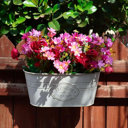 3 Pack Metal Railing Planters, 10.5" Oval Hanging Flower Pots with Detachable Hooks & Drainage Holes, Fits Rails up to 2.36", Galvanized Iron Fence Bucket for Balcony Garden Patio - Letter White