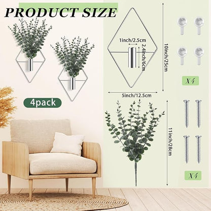 Jexine 8 Pcs Hanging Planters with Artificial Eucalyptus Metal Hanging Vase Indoor Plants Holder Modern Geometric Boho Bathroom Wall Decor for Living Room Home Office (Eucalyptus,Silver)
