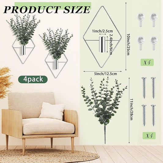 Jexine 8 Pcs Hanging Planters with Artificial Eucalyptus Metal Hanging Vase Indoor Plants Holder Modern Geometric Boho Bathroom Wall Decor for Living Room Home Office (Eucalyptus,Silver)