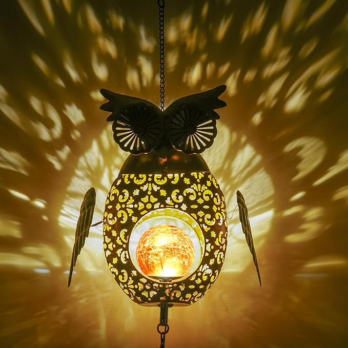 Solar Owl Wind Chimes Outdoor, Waterproof Sun Wind Bells Light with Crackle Glass Ball for Outside, Clearance Unique Gifts for Mother's Day, Birthday, Women, Girls, Garden Decor