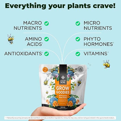 All Purpose Plant Food - Grow Goodies, High-Performance Fertilizer, Triple 16 NPK + Organic Superfoods and Micronutrients (Roses, Vegetables, Orchids, Tomatoes, Gardens, 1LB)