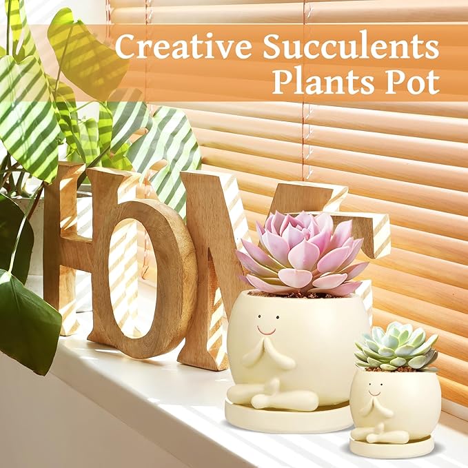 2 Pcs Smile Face Planters Pots with Drainage Hole, 6'' Head Planters 3.6'' Cute Resin Flower Pot for Indoor Plants, Succulent Pots for Plant Lover Gift(Yoga)