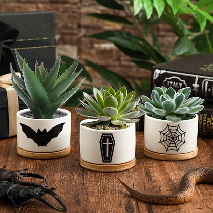 3 Pcs Decor Gift for Women Planter Ceramic Gift Animal Plant Pot with Bamboo Tray for Office Home Farm House Bathroom Kitchen Christmas Decorations (No Plants Included)(Gothic)