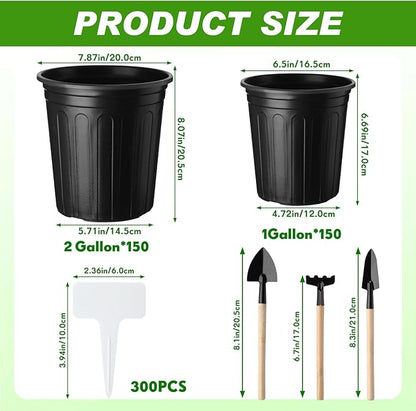 300 Pcs 1 2 Gallon Nursery Pots Bulk Plastic Flexible Plant Seedling Pots with Drainage Hole and Gardening Tools for Garden Flowers Succulents Seedlings Indoor and Outdoor