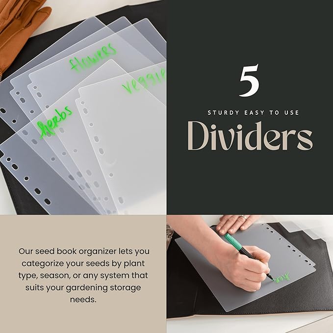 Seed Storage Binder – Seed Packet Organizer w/50 Sheet Protectors & Protective Flap-Top Inserts Stores 200 Envelopes Binder w/5 Dividers for Sorting Seeds & Gardening Supplies