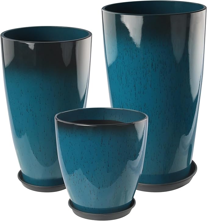 24-21-11 Inch Tall Planters Set of 3, Indoor Outdoor Blue Glossy Round Planter with Drainage Hole and Saucer, Large Decorative Plant Pots for Home Garden Porch