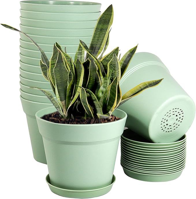 WOUSIWER 16 Pack 6 inch Plastic Planters, Plastic Indoor Planter Flower Pots, Heavy Duty and Stylish 6 Inch Plant Pots for Indoor Plants with Drainage Holes and Tray for Plants Flowers, Green