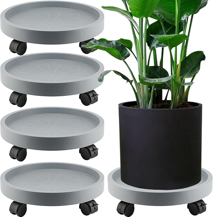 JOIKIT 4 Pack 13 Inch Round Plant Caddy with 4 Lockable Wheels, 132 Lbs Capacity Heavy Duty Rolling Plant Stand, Wheeled Planter Saucer Tray Trolley for 11.8 Inch Planter Pot Indoor Outdoor, Grey