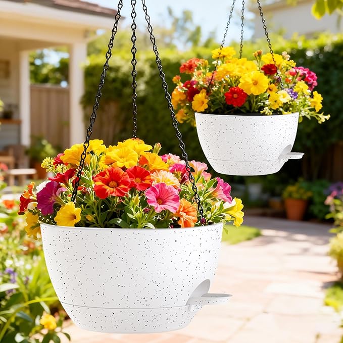 12 Inch Hanging Baskets 2 PC with Chains, Self-Watering Hanging Planters for Indoor Outdoor Plants, Plastic Hanging Flower Pots,Speckled White
