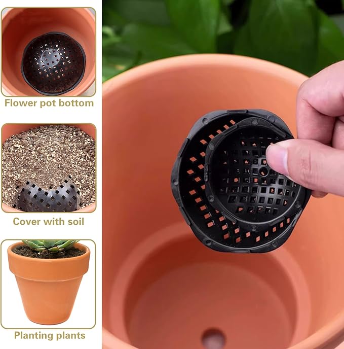 30 PCS Flower Pot Hole Mesh Pad, 3 Assorted Sizes Semi-Arc Plastic Planter Bottom Drainage Mats for Bonsai Plant, Succulents, Potting, Breathable Gasket Prevent Clogging and Soil Loss, Black