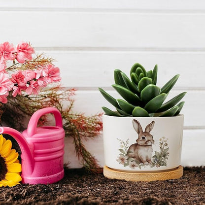DreamAutumn Watercolor Easter Bunny Ceramic Pots for Plants with Drainage Holes Round Flower Pot Bamboo Tray Orchid Pot Succulents Pots for Outdoor Indoor Plants