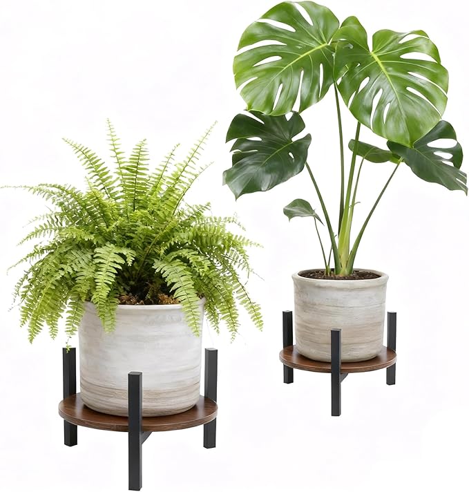 Plant Stand Indoor, Heavy Duty Sturdy Metal Wooden Plant Holder Stool, Low Short Single Flower Pot Stand Decoration Racks for Home, Patio &Garden (Dark Brown, Large (2pack))