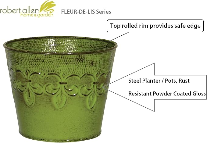 Robert Allen MPT01643 Fluer De Lis Series Metal Planter Flower Pot, 10, Tansy Green