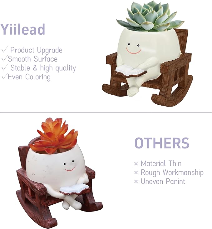 Smiley Face Planter Pot, Cute Plant Pots for Indoor Outdoor, Unique Reading Rocking Chair Plant Pot for Succulents Plants Live with Drainage Hole, Gift Idea for Mother Day and Christmas