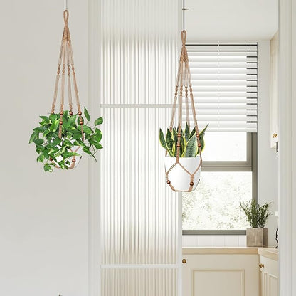 Jute Macrame Plant Hanger Indoor Set of 4 Hanging Planter Basket Flower Pot Holder with Decorative Wood Beads & No Tassels for Indoor Outdoor Boho Home Decor, 35 Inch Brown (Pots Not Included)