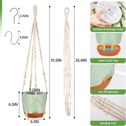 2-Pack 7.2-Inch Self-Watering Hanging Planters for Indoor & Outdoor Plants,34-Inch macrame hanger plant pots indoor with drainage,Small Hanging Planters & Baskets in Green,With two sets of hooks