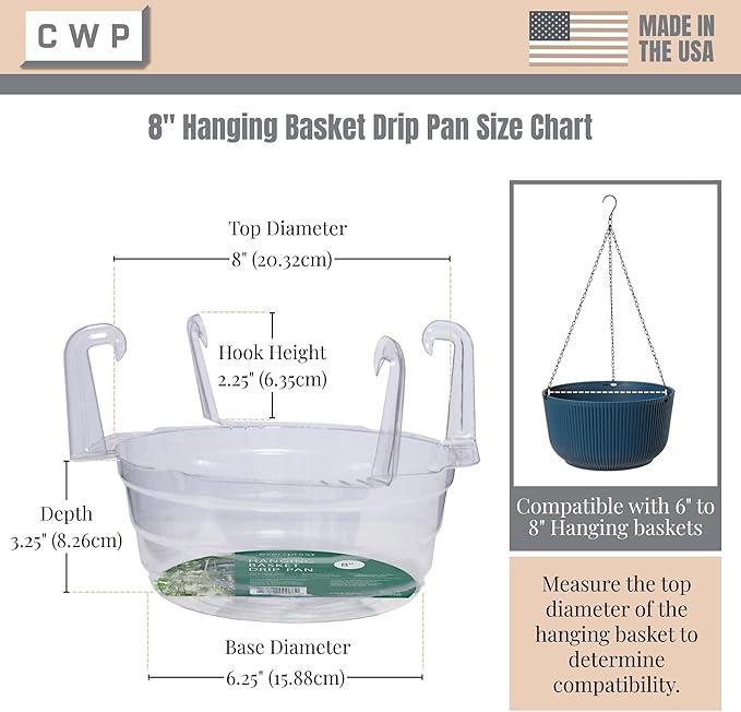 Curtis Wagner Plastics Hanging Basket Drip Pans (5-Pack) | Clear, Round (Diameter = 6.25" Base, 8" Top, 3.5" Depth) Hanging Plant Tray Saucer with Built-in Hooks & Water Catcher for Indoor & Outdoor