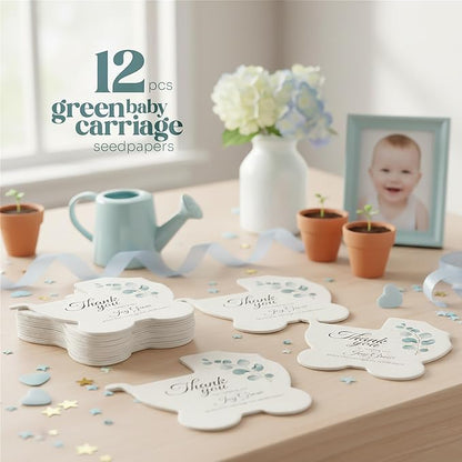 Carriage-Shaped Seed Paper – 12 pcs Green Shower Favors for Guests with Wildflower Seeds, Writable & Plantable, Gender Reveal, Birthday Gifts for Guest