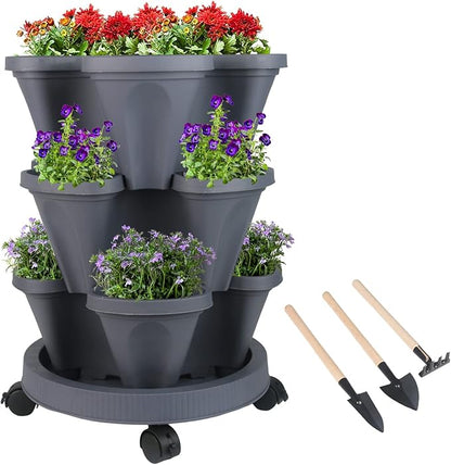 GameXcel Vertical Planter 3 Tier Stackable Planters Garden Planters Strawberry Herb Flower and Vegetable Planter Indoor Outdoor Gardening Pots with Removable Wheels and Tools