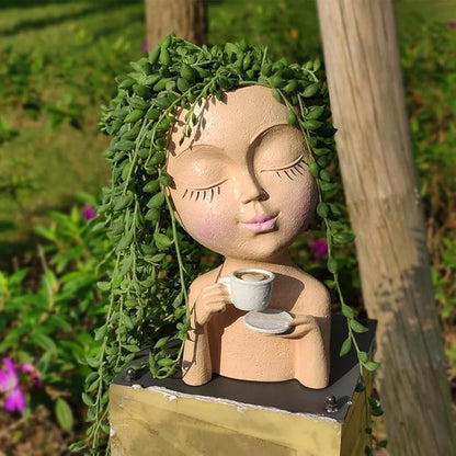 Face Planter Pots, Resin Face Planter for Indoor/Outdoor Plants,Head Planter with Drainage Hole/Removable Saucer,Girl Holding Coffe (Coffee, Skin)