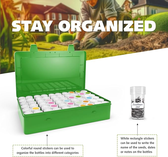 Seed Organizer Storage Box, Green Opaque Light Proof Seed Bank with 60 Transparent Bottles & Labels, Seed Holder Packet Organizer, Seed Vault Container for Homesteaders, Garden Tackle and Sorter PLAIN