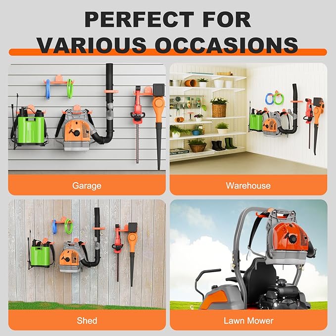 4 Pack Backpack Blower Rack, Heavy Duty Anti-Scratch Leaf Blower Hanger with Hose Holder, Backpack Sprayer Wall Mount for Garage, Warehouse & Outdoor Tool Storage