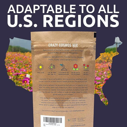 Sweet Yards Cosmos Seeds Wildflower Mixture - Bulk Quarter Pound Bag Over 20,000 Seeds - Pink, Yellow, Orange, Red, Purple and White Mixed Species - 7 Varieties Premium Quality for Planting Outdoors