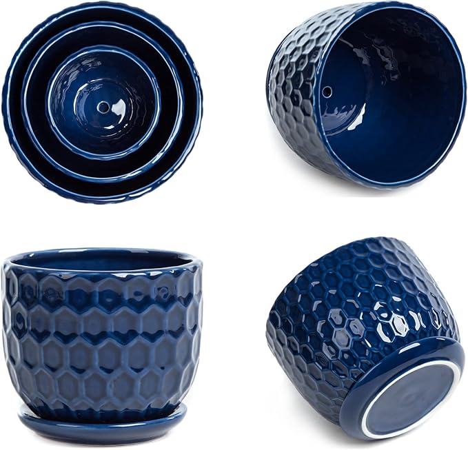 Ceramic Flower Pots with Drainage Hole and Saucer, North European Style Round Indoor Succulent Planters with Honeycomb Inspired Texture Design, Small to Medium-Sized, Set of 3, Navy Blue