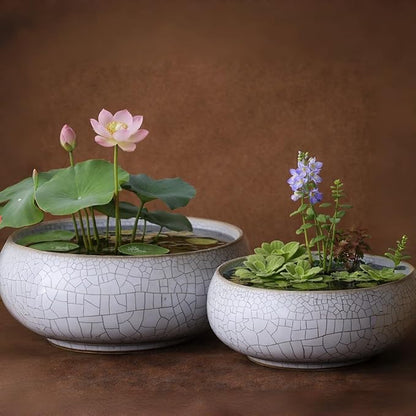 2 Pack Lotus Bowl Planter, Large 7.5'' & Small 6'' Shallow Lotus Pots for Water Planting, Drainage-Free Ceramic Hydroponic Bowl for Lotus Seeds, Ikebana, Succulents & Water Lilies (Kiln Split)