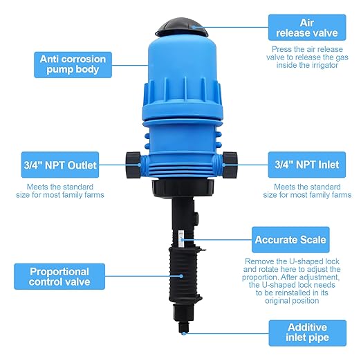 0.4%~4% Adjustable Fertilizer Injector for Drip Irrigation, Automatic Chemical Liquid Dosing Pump, 2.2~13 Gallons/H Flow Rate, Drip Irrigation Fertilizer Injector for Livestock Industry Garden