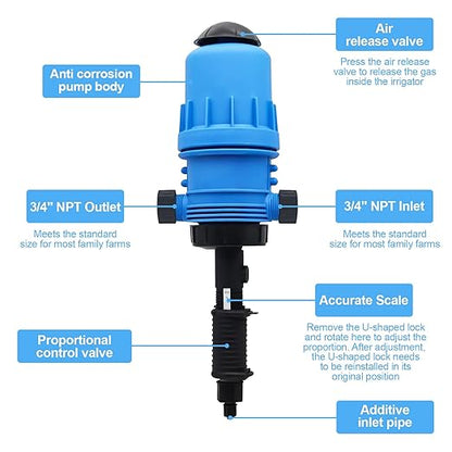 0.4%~4% Adjustable Fertilizer Injector for Drip Irrigation, Automatic Chemical Liquid Dosing Pump, 2.2~13 Gallons/H Flow Rate, Drip Irrigation Fertilizer Injector for Livestock Industry Garden