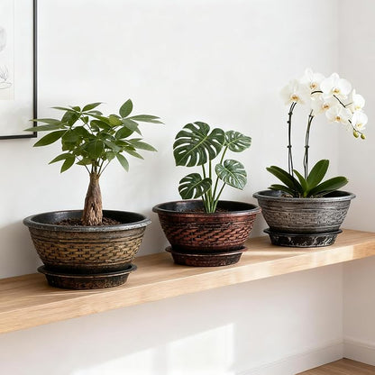 NIKONIKO 12 Inch Plant Pots, 6-Pack Plastic Woven Look Ripples Planters with Drain Holes & Trays, Retro Design Flower Pots for Indoor and Outdoor Plants