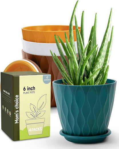 6 Inch Indoor Planter Pots with Drainage Hole and Tray Saucer,Flower Pots for Indoor Outdoor Garden Plants and Flowers, Multicolor, 4 Packs