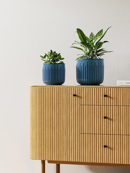 LE TAUCI Fluted Ceramic Plant Pots, 8.3/7/6 Inch Indoor Planters with Drainage Holes & Mesh, Modern Glossy Glaze Cylinder Flower Pot for Snake Plant, Set of 3, Harbor Blue