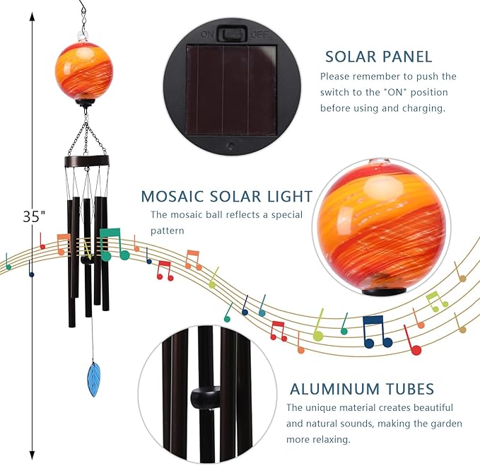 Taman Solar Wind Chime - 35" Glass Solar Lights Wind Chimes Valentine's Day Gift for Outside Deep Tone Decorative Memorial Gift for Home, Outdoor, Yard, Patio, Balcony, Garden Decor