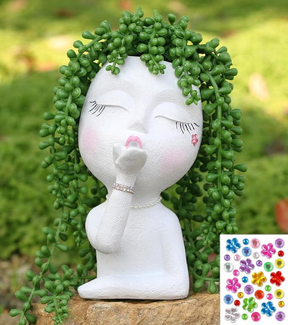 Cute Head Planter/Face Planters for Indoor Outdoor Plants, with Drainage Hole, Lady Head Planters Pot, Resin Succulent Planter (White)