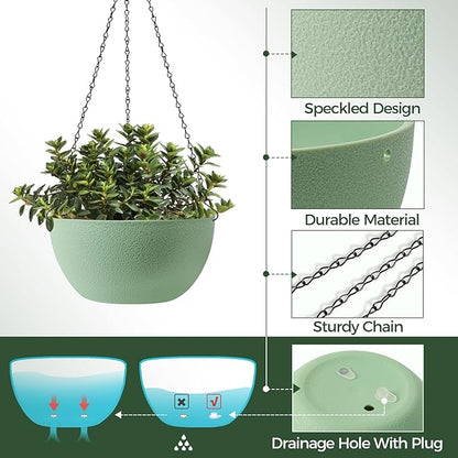 T4U 12 Inch Hanging Planters for Indoor Outdoor Plants, 2 Pack Plastic Hanging Planter, Indoor Hanging Plant Pots, Hanging Basket with Drainage Holes, Flower Pots for Garden Home Decor, Green