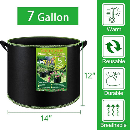 NACHLYNN 5-Pack 7 Gallon Grow Bags Thickened Nonwoven Fabric Pots with Handles Heavy Duty Aeration Fabric Pots Plant or Fruits Flowers Plant for Gardening