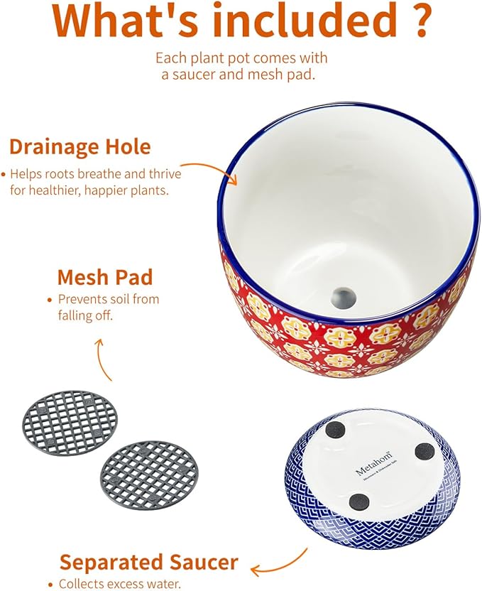 Ceramic Plant Pots, 3.8+4.9+5.8 Inch, Set of 3 Flower Pots with Drainage Hole & Saucer, Trio Planter Pots Set for House Plants, Home Decor, Vibrant Colors