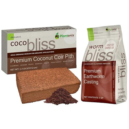 Coco Coir Brick (650gms) + Worm Bliss (1 Qt) - Organic Worm Castings & Organic Coco Coir for Plants - Coconut Coir Coco Peat - Earthworm Castings Worm Fertilizer - Garden Soil & Potting Soil Mix