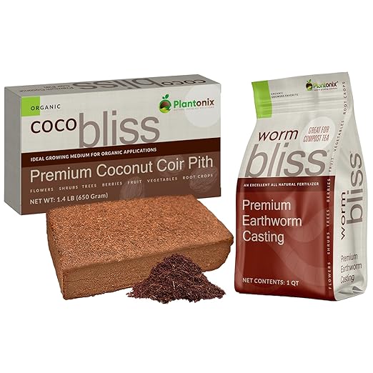 Coco Coir Brick (650gms) + Worm Bliss (1 Qt) - Organic Worm Castings & Organic Coco Coir for Plants - Coconut Coir Coco Peat - Earthworm Castings Worm Fertilizer - Garden Soil & Potting Soil Mix