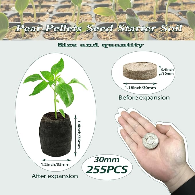 255 Pcs 30mm Peat Pellet Fiber Soil Plant Seed Starters,Compressed Peat Pellet Fiber Soil, Compressed Peat Block for Seedlings for Growing Herbs, Flowers and Vegetables