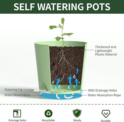 4 Inch 10 Pack Small Self Watering Pots for Indoor Plants, Nursery Pot with Drainage Holes and Saucers, Plastic Small Flower Planter for Succulent, Aloe, Cacti and More (Green)