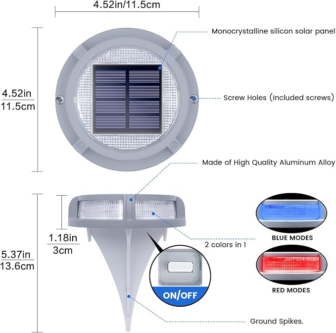 SIEDiNLAR Solar Deck Lights Outdoor 2 Modes 16 LEDs Dock Light Driveway Markers Solar Powered Waterproof for Ground Pathway Step Walkway Stair Garden Yard Road 16 Pack (Blue/Red)
