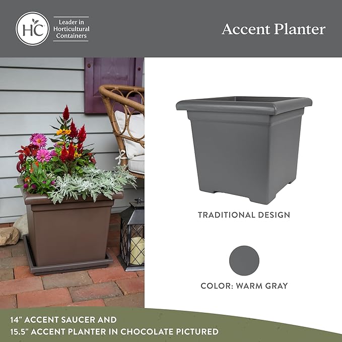 The HC Companies Accent Square Plant Pot w/Drainage - Classic Planters for Outdoor Plants & Indoor Plants - Lightweight & UV-Resistant Square Planter Box (15.5”, Warm Gray, Pack of 1)