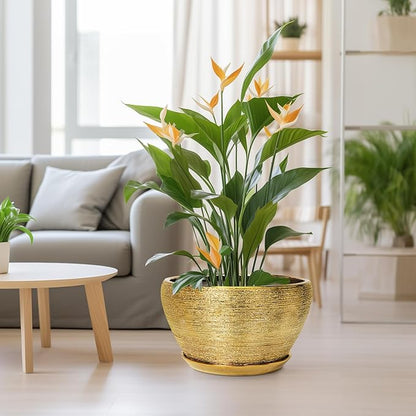 Ceramic Planter 13 Inch - Indoor Plant Pot with Drainage Hole and Saucer Large Ceramic Pot for Plants Mid-Century Decorative Modern Outdoor Flower Pot for Home Decor Gold