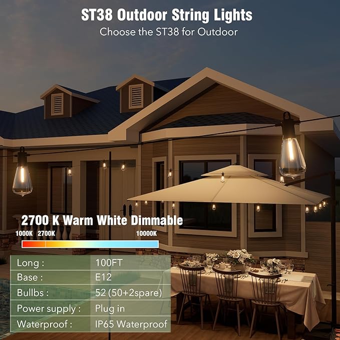 Outdoor String Lights 150ft, LED Patio Lights with 78 (75+3 Spare ST38 Shatterproof Bulbs), IP 65 Waterproof, Outside Hanging Light for Cafe Bistro Backyard (150 ft-78 Bulbs)